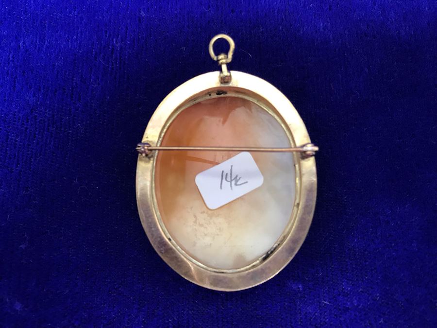 Antique 14K Gold Carved Shell Cameo Brooch Pin 11.2g 1.75” X 1.5” [Photo 11]