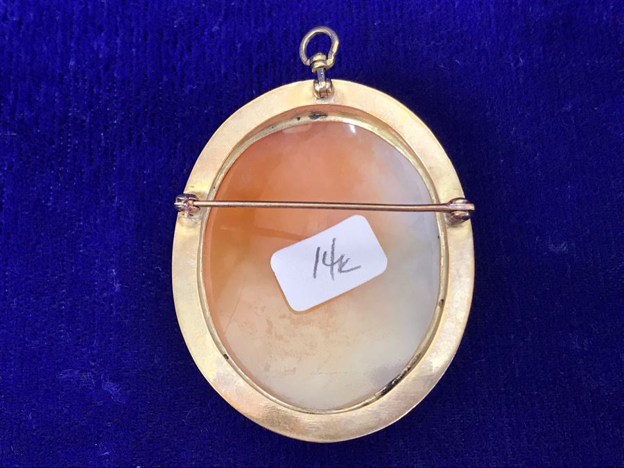 Antique 14K Gold Carved Shell Cameo Brooch Pin 11.2g 1.75” X 1.5” [Photo 10]