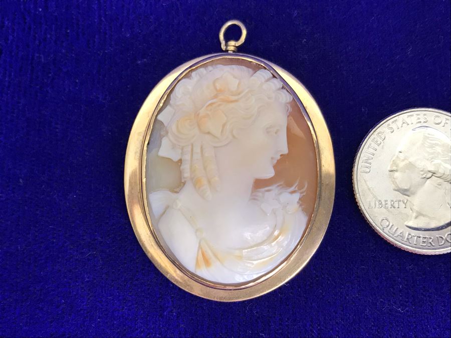 Antique 14K Gold Carved Shell Cameo Brooch Pin 11.2g 1.75” X 1.5” [Photo 2]