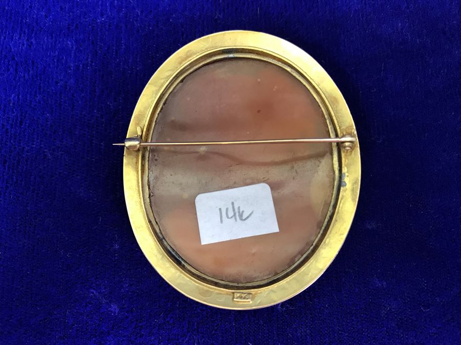 Antique 14K Gold Carved Shell Cameo Brooch Pin 18.7g 2.75” X 2” [Photo 14]