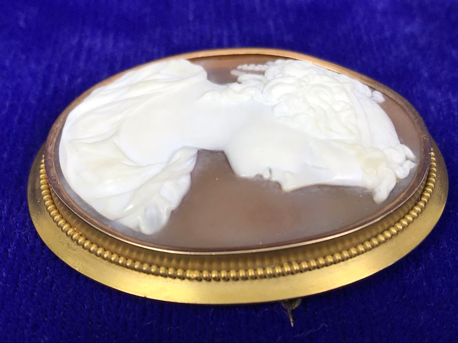 Antique 14K Gold Carved Shell Cameo Brooch Pin 18.7g 2.75” X 2” [Photo 6]
