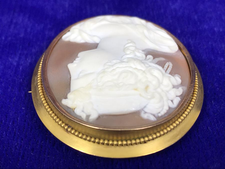 Antique 14K Gold Carved Shell Cameo Brooch Pin 18.7g 2.75” X 2” [Photo 7]