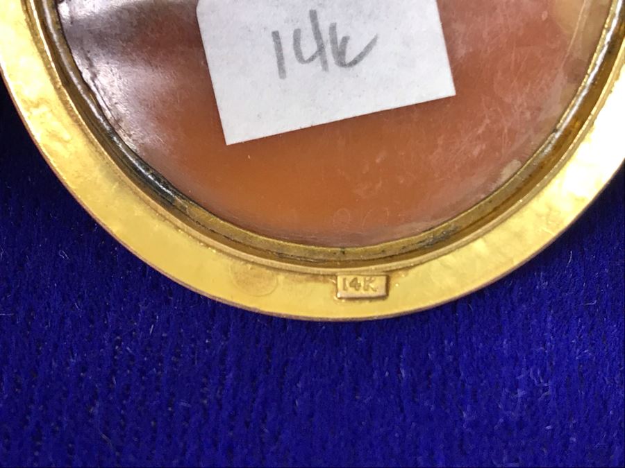 Antique 14K Gold Carved Shell Cameo Brooch Pin 18.7g 2.75” X 2” [Photo 16]