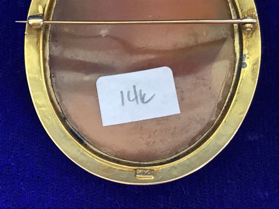 Antique 14K Gold Carved Shell Cameo Brooch Pin 18.7g 2.75” X 2” [Photo 17]