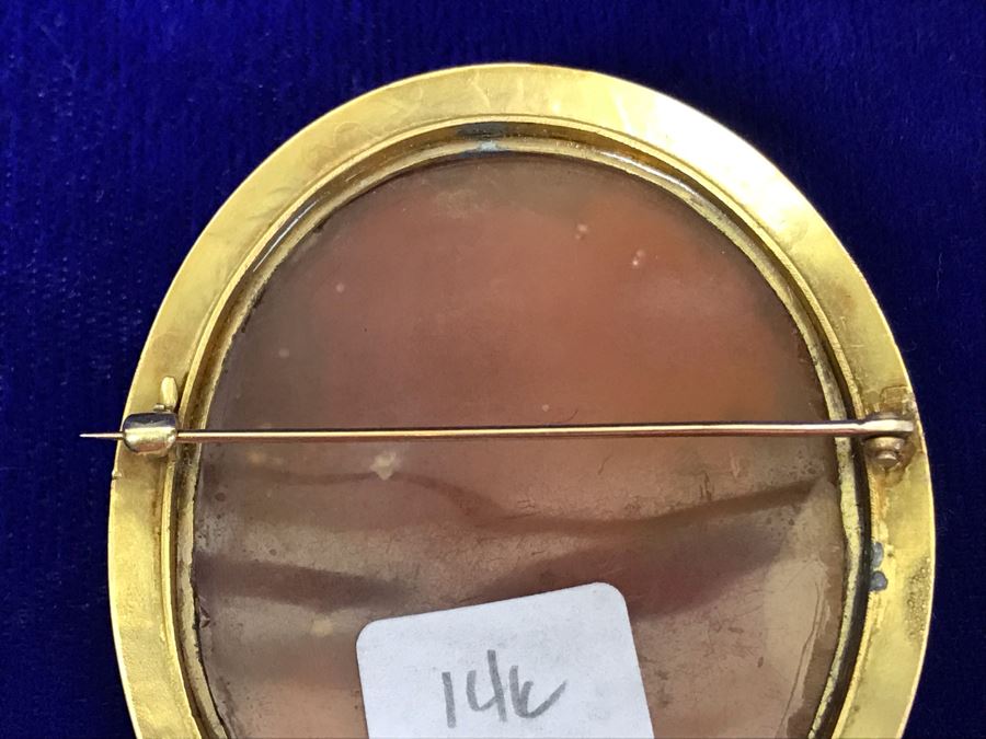 Antique 14K Gold Carved Shell Cameo Brooch Pin 18.7g 2.75” X 2” [Photo 18]