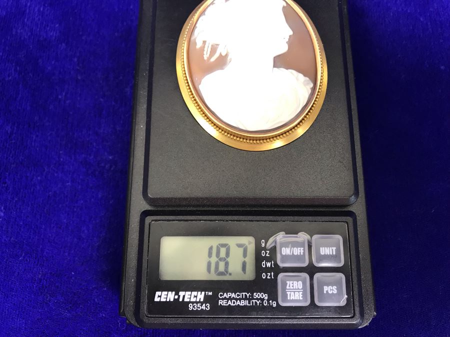 Antique 14K Gold Carved Shell Cameo Brooch Pin 18.7g 2.75” X 2” [Photo 13]