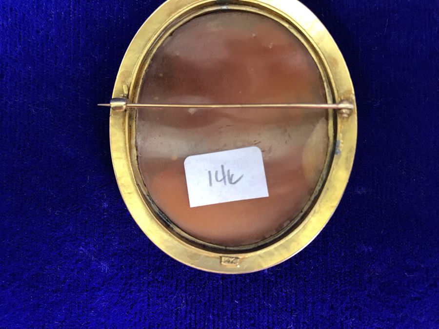 Antique 14K Gold Carved Shell Cameo Brooch Pin 18.7g 2.75” X 2” [Photo 15]