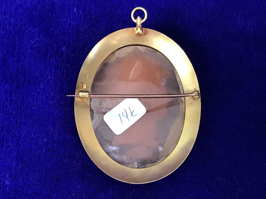 Antique 14K Gold Carved Shell Cameo Brooch Pin Pendant 11.5g 2” X 1.6” [Photo 19]