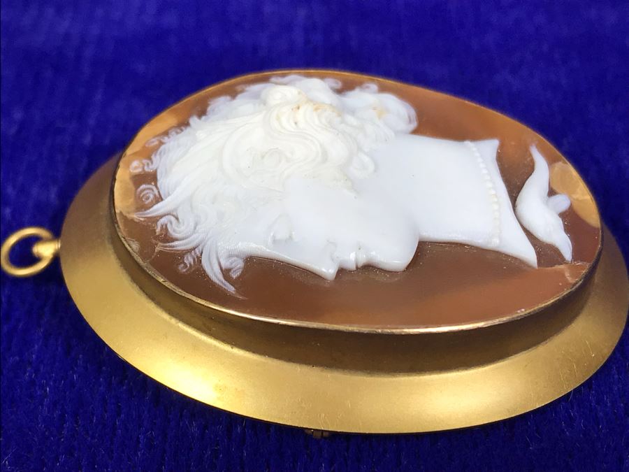 Antique 14K Gold Carved Shell Cameo Brooch Pin Pendant 11.5g 2” X 1.6” [Photo 16]