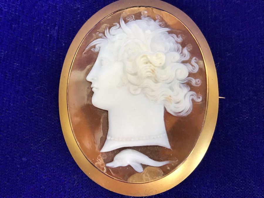 Antique 14K Gold Carved Shell Cameo Brooch Pin Pendant 11.5g 2” X 1.6” [Photo 6]