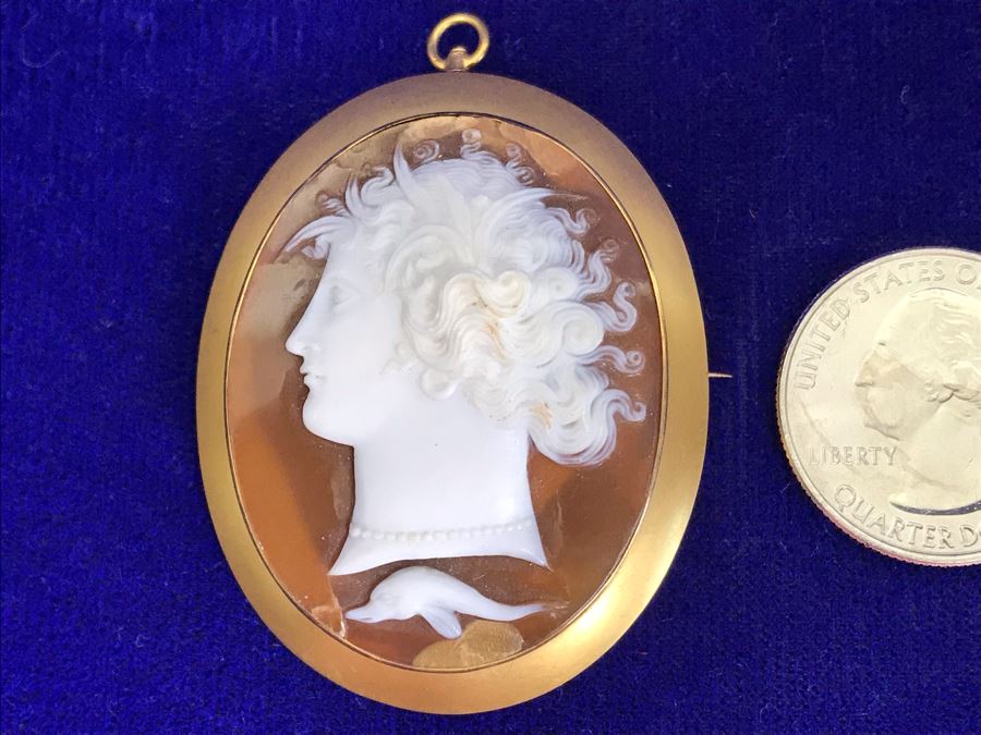 Antique 14K Gold Carved Shell Cameo Brooch Pin Pendant 11.5g 2” X 1.6” [Photo 3]