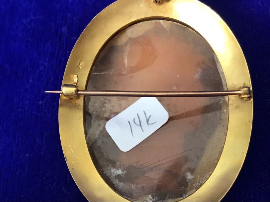 Antique 14K Gold Carved Shell Cameo Brooch Pin Pendant 11.5g 2” X 1.6” [Photo 20]