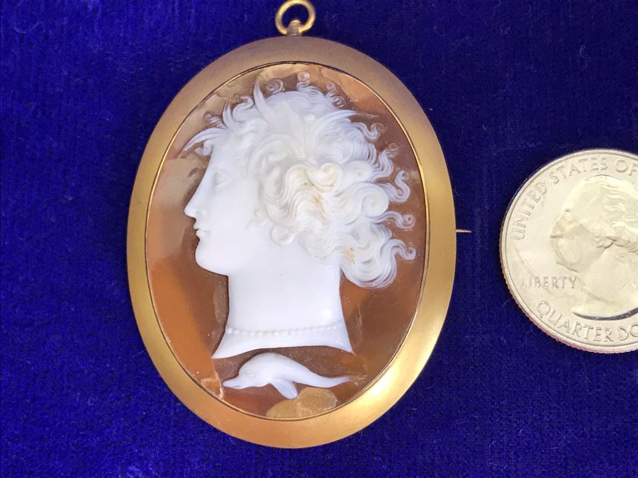 Antique 14K Gold Carved Shell Cameo Brooch Pin Pendant 11.5g 2” X 1.6” [Photo 2]