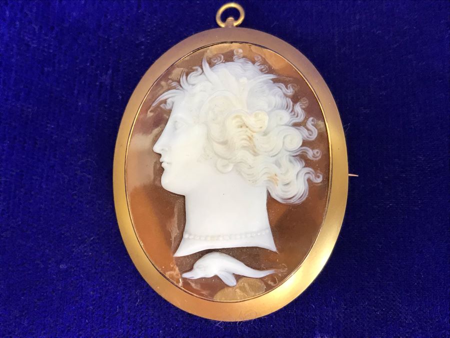 Antique 14K Gold Carved Shell Cameo Brooch Pin Pendant 11.5g 2” X 1.6” [Photo 5]