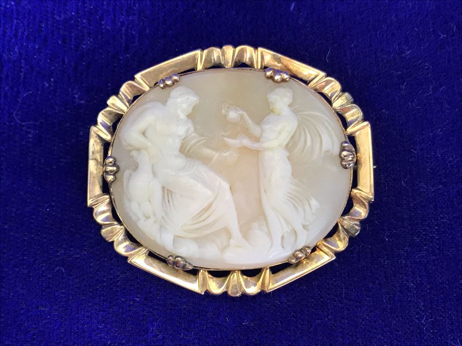 Antique 14K Gold Carved Shell Cameo Brooch Pin 9.2g 1.6” X 1.5” [Photo 2]