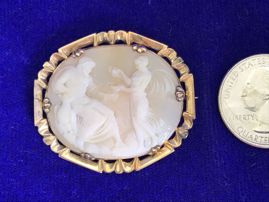 Antique 14K Gold Carved Shell Cameo Brooch Pin 9.2g 1.6” X 1.5” [Photo 1]