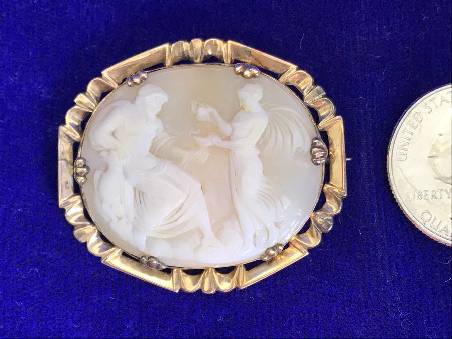 Antique 14K Gold Carved Shell Cameo Brooch Pin 9.2g 1.6” X 1.5” [Photo 5]