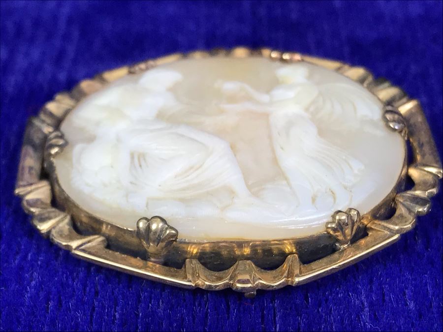Antique 14K Gold Carved Shell Cameo Brooch Pin 9.2g 1.6” X 1.5” [Photo 13]