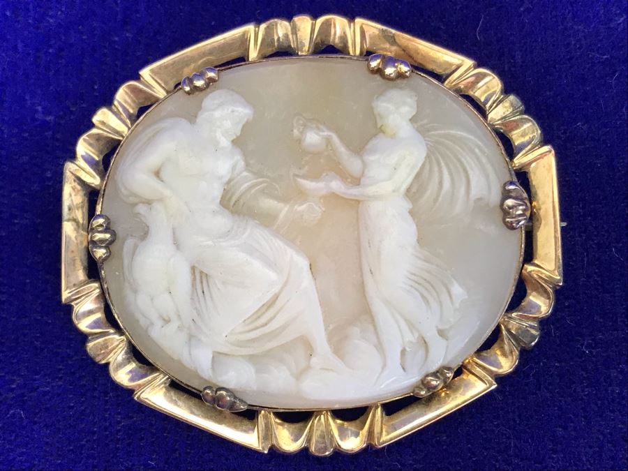 Antique 14K Gold Carved Shell Cameo Brooch Pin 9.2g 1.6” X 1.5” [Photo 4]