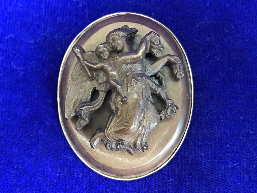 Antique 14K Gold High Relief Carved Lava Cameo Brooch Pin Pendant Of Angel Carrying Child 16.3g 2” X 1.6” [Photo 4]