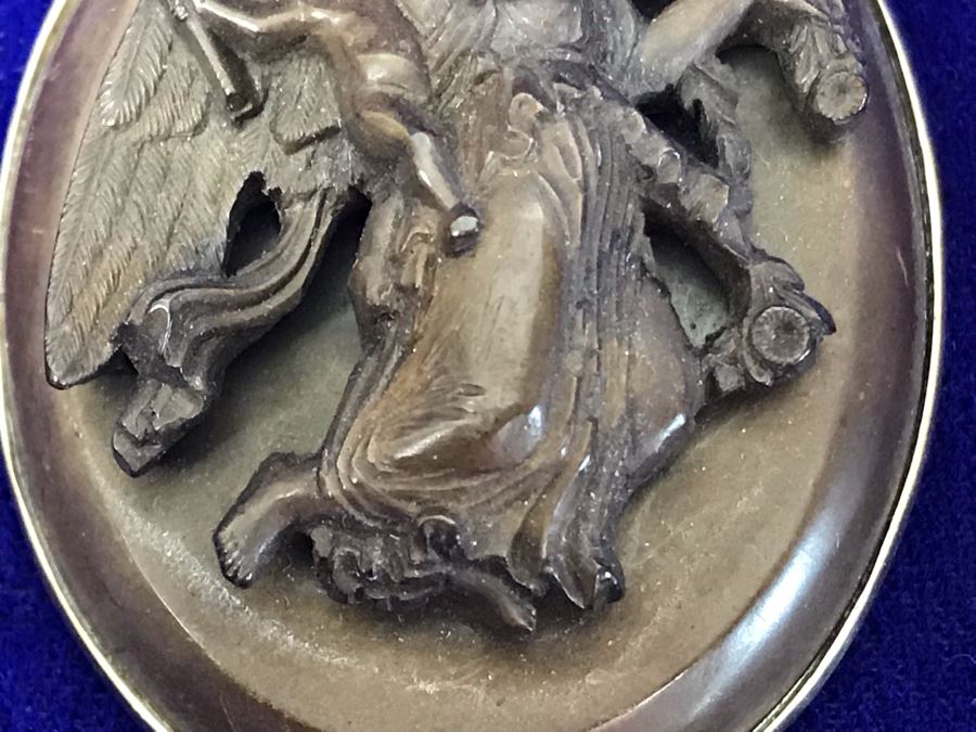 Antique 14K Gold High Relief Carved Lava Cameo Brooch Pin Pendant Of Angel Carrying Child 16.3g 2” X 1.6” [Photo 13]