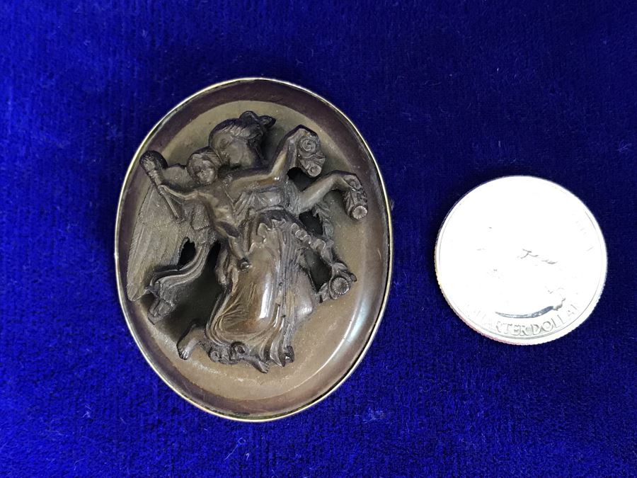 Antique 14K Gold High Relief Carved Lava Cameo Brooch Pin Pendant Of Angel Carrying Child 16.3g 2” X 1.6” [Photo 3]