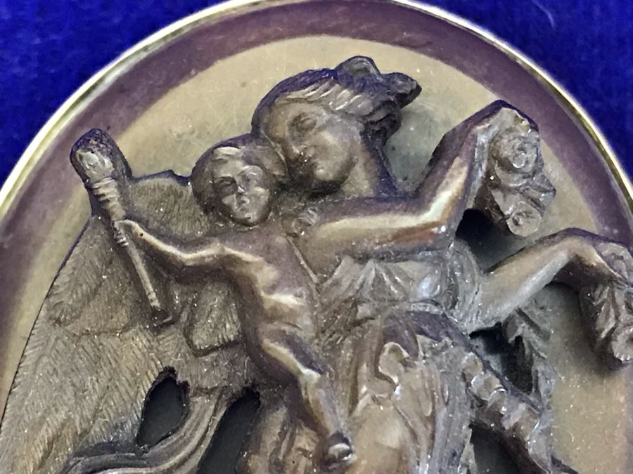 Antique 14K Gold High Relief Carved Lava Cameo Brooch Pin Pendant Of Angel Carrying Child 16.3g 2” X 1.6” [Photo 12]