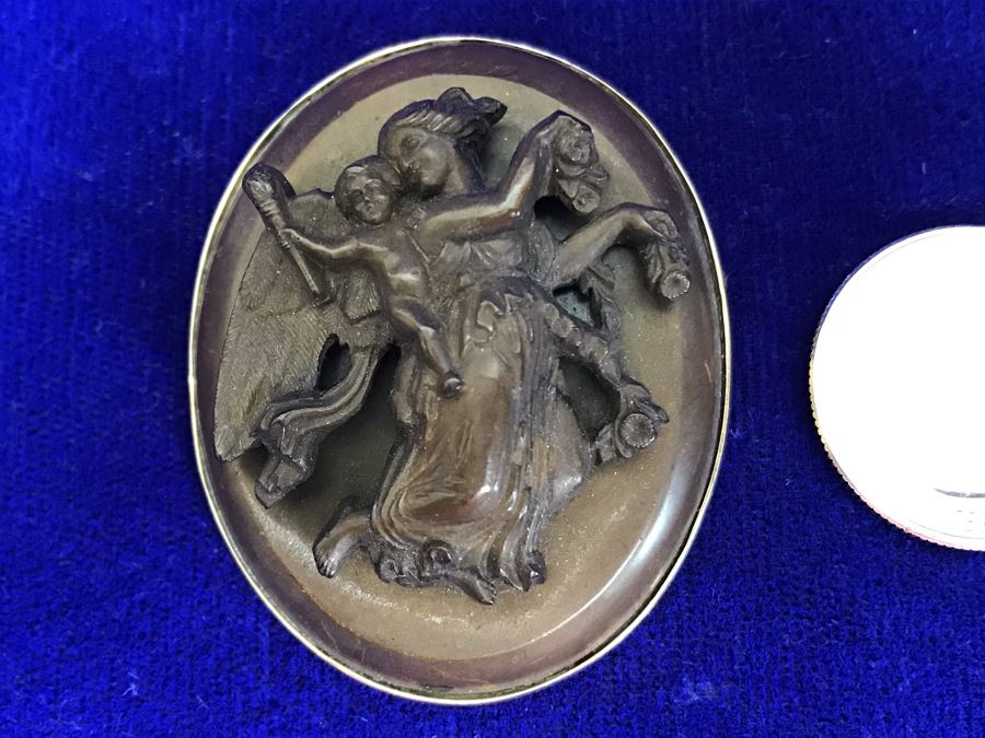Antique 14K Gold High Relief Carved Lava Cameo Brooch Pin Pendant Of Angel Carrying Child 16.3g 2” X 1.6”
