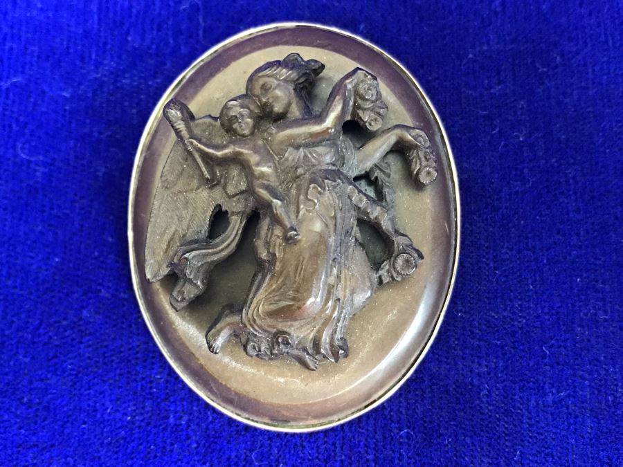 Antique 14K Gold High Relief Carved Lava Cameo Brooch Pin Pendant Of Angel Carrying Child 16.3g 2” X 1.6” [Photo 5]