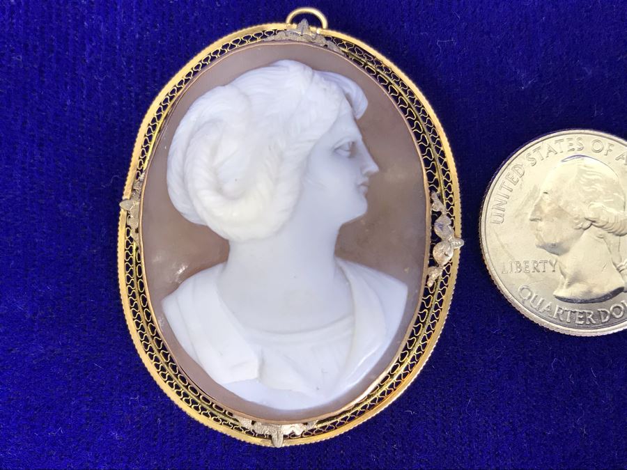 Antique 10K Gold Carved Shell Cameo Brooch Pin 12.4g 2” X 1.5” [Photo 1]
