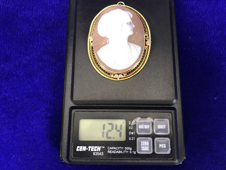 Antique 10K Gold Carved Shell Cameo Brooch Pin 12.4g 2” X 1.5” [Photo 14]