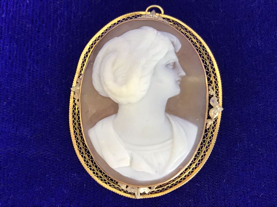 Antique 10K Gold Carved Shell Cameo Brooch Pin 12.4g 2” X 1.5” [Photo 2]