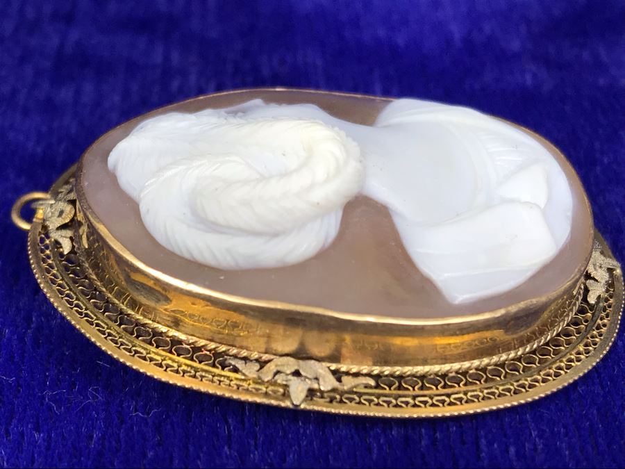 Antique 10K Gold Carved Shell Cameo Brooch Pin 12.4g 2” X 1.5” [Photo 10]