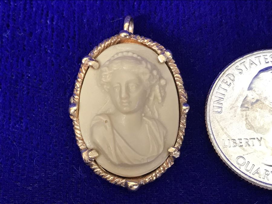 Antique 14K Gold Carved Lava Cameo Brooch Pin Pendant 6.5g 1” X 0.75” [Photo 4]