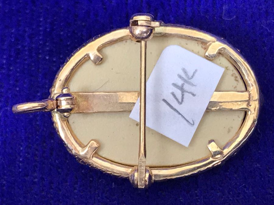 Antique 14K Gold Carved Lava Cameo Brooch Pin Pendant 6.5g 1” X 0.75” [Photo 12]