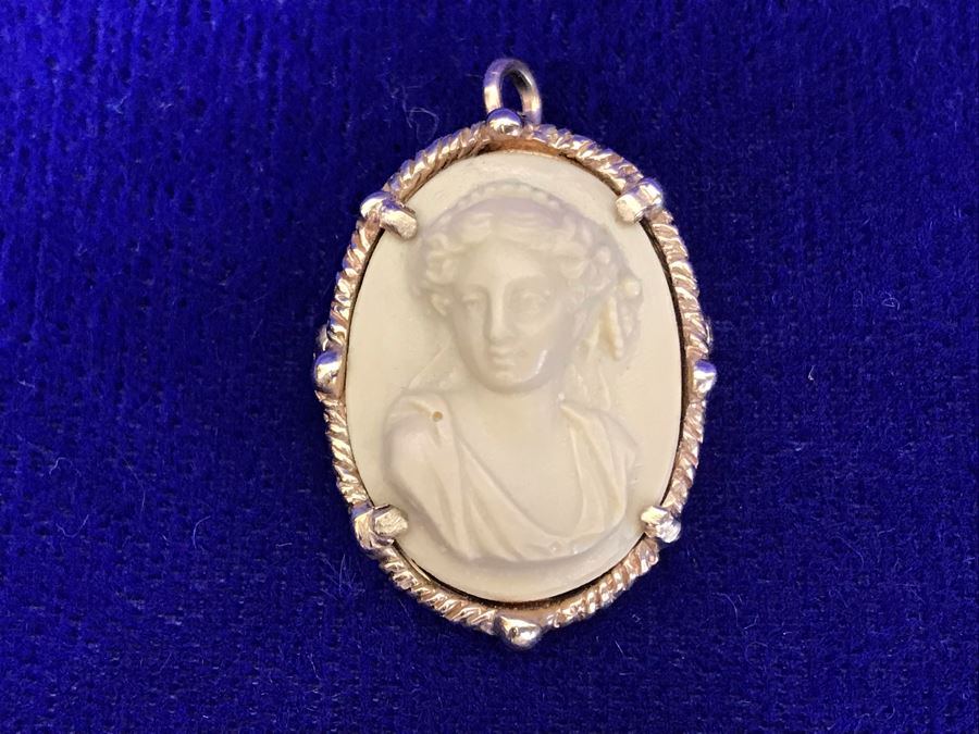 Antique 14K Gold Carved Lava Cameo Brooch Pin Pendant 6.5g 1” X 0.75”
