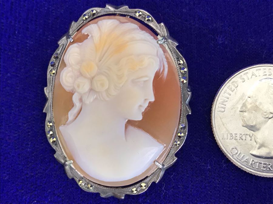 Antique 800 Silver Carved Shell Cameo Brooch Pin Pendant With Marcasites 1.5” X 1.25” 7.2g