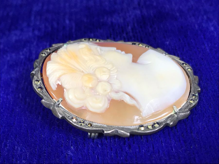 Antique 800 Silver Carved Shell Cameo Brooch Pin Pendant With Marcasites 1.5” X 1.25” 7.2g [Photo 10]