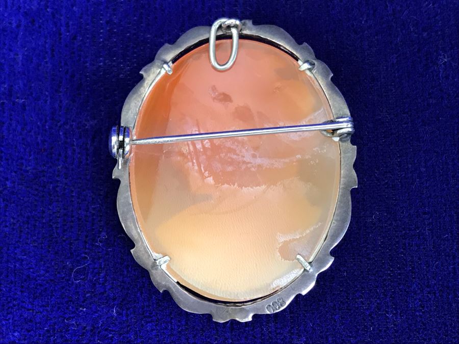 Antique 800 Silver Carved Shell Cameo Brooch Pin Pendant With Marcasites 1.5” X 1.25” 7.2g [Photo 11]
