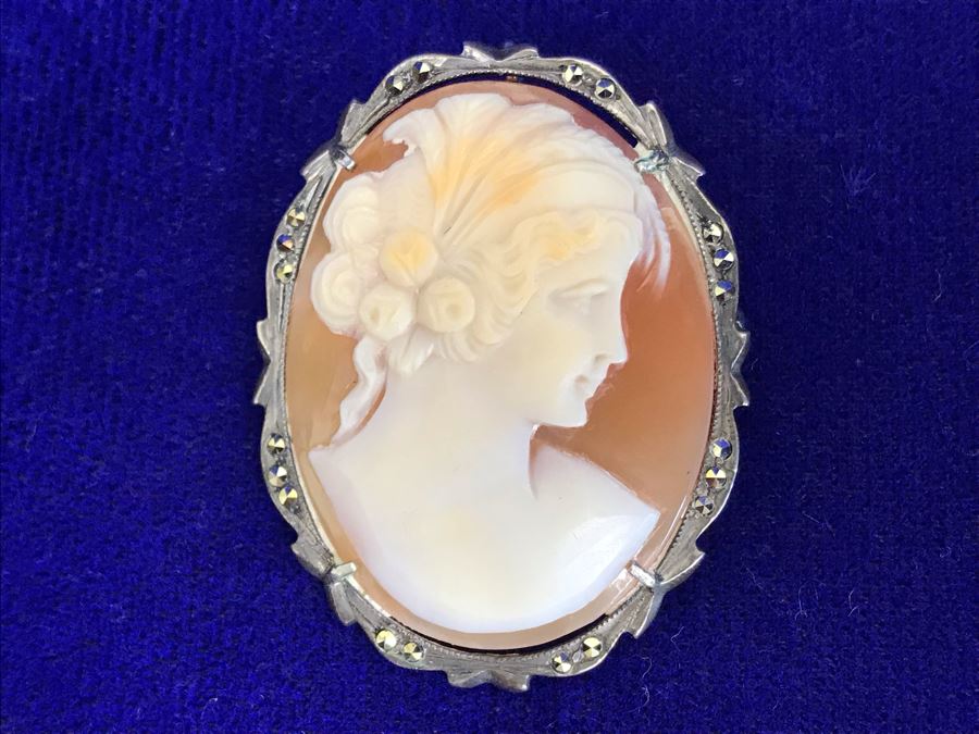 Antique 800 Silver Carved Shell Cameo Brooch Pin Pendant With Marcasites 1.5” X 1.25” 7.2g [Photo 4]