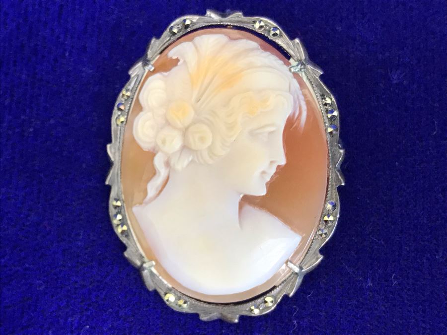 Antique 800 Silver Carved Shell Cameo Brooch Pin Pendant With Marcasites 1.5” X 1.25” 7.2g [Photo 3]