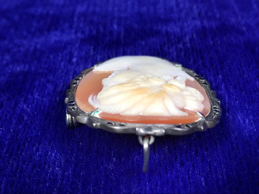 Antique 800 Silver Carved Shell Cameo Brooch Pin Pendant With Marcasites 1.5” X 1.25” 7.2g [Photo 9]