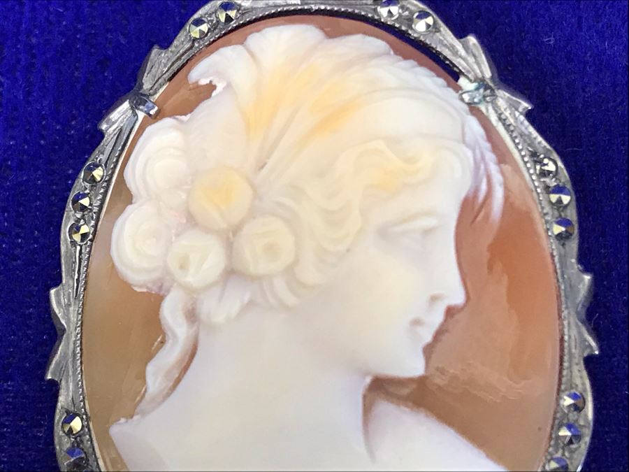 Antique 800 Silver Carved Shell Cameo Brooch Pin Pendant With Marcasites 1.5” X 1.25” 7.2g [Photo 6]