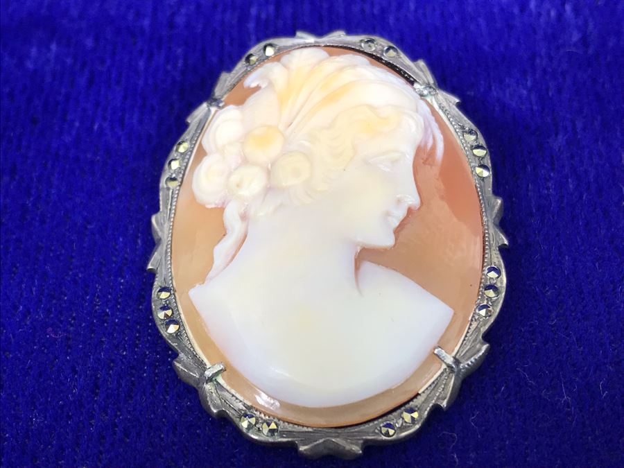 Antique 800 Silver Carved Shell Cameo Brooch Pin Pendant With Marcasites 1.5” X 1.25” 7.2g [Photo 5]