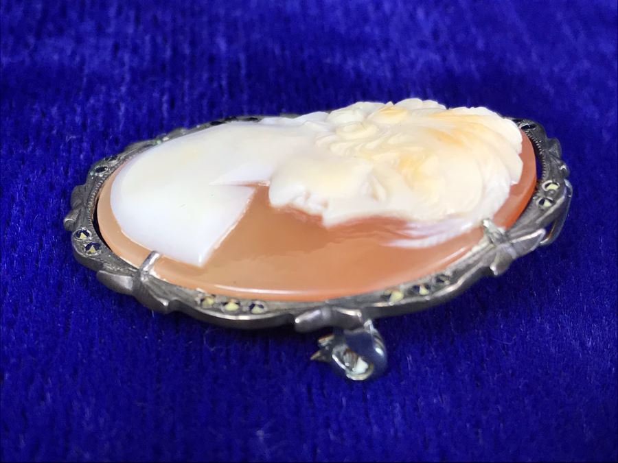 Antique 800 Silver Carved Shell Cameo Brooch Pin Pendant With Marcasites 1.5” X 1.25” 7.2g [Photo 8]