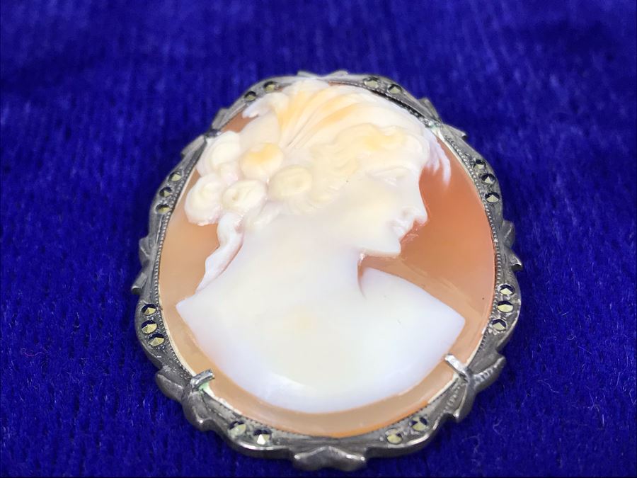 Antique 800 Silver Carved Shell Cameo Brooch Pin Pendant With Marcasites 1.5” X 1.25” 7.2g [Photo 7]