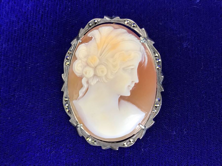 Antique 800 Silver Carved Shell Cameo Brooch Pin Pendant With