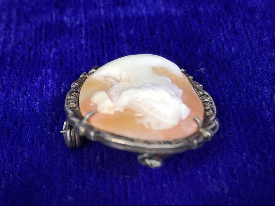 Antique 800 Silver Carved Shell Cameo Brooch Pin Pendant With Marcasites 1.25” X 0.9” 4.7g [Photo 10]