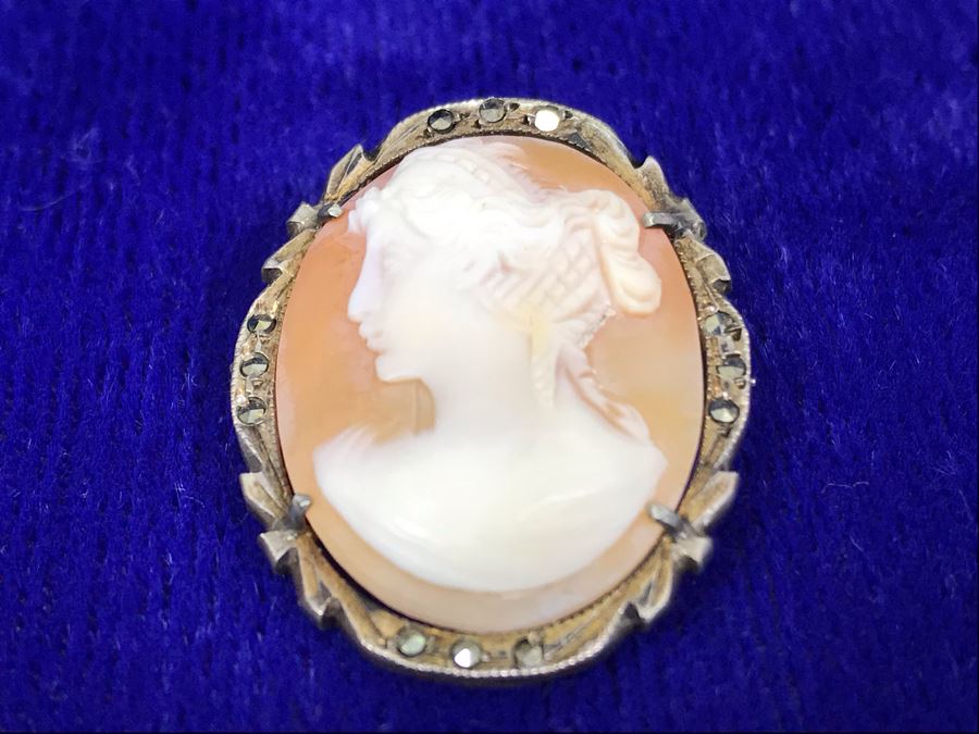 Antique 800 Silver Carved Shell Cameo Brooch Pin Pendant With Marcasites 1.25” X 0.9” 4.7g [Photo 8]