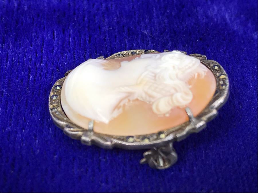 Antique 800 Silver Carved Shell Cameo Brooch Pin Pendant With Marcasites 1.25” X 0.9” 4.7g [Photo 9]